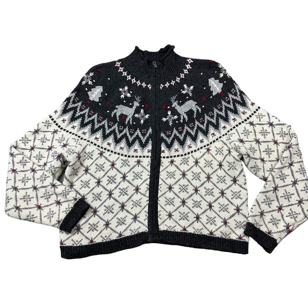 Northern Isles Cardigan Women Medium Black White Reindeer Zip Excellent Nordic‎